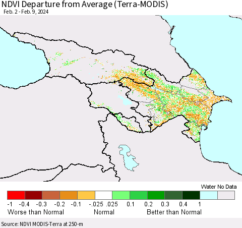 Azerbaijan, Armenia and Georgia NDVI Departure from Average (Terra-MODIS) Thematic Map For 2/2/2024 - 2/9/2024
