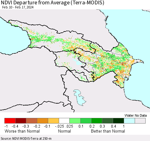 Azerbaijan, Armenia and Georgia NDVI Departure from Average (Terra-MODIS) Thematic Map For 2/10/2024 - 2/17/2024