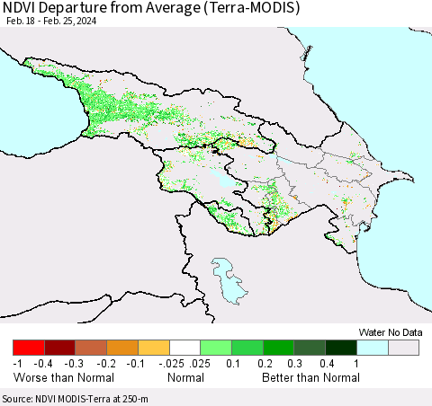 Azerbaijan, Armenia and Georgia NDVI Departure from Average (Terra-MODIS) Thematic Map For 2/18/2024 - 2/25/2024