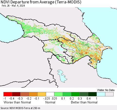 Azerbaijan, Armenia and Georgia NDVI Departure from Average (Terra-MODIS) Thematic Map For 2/26/2024 - 3/4/2024
