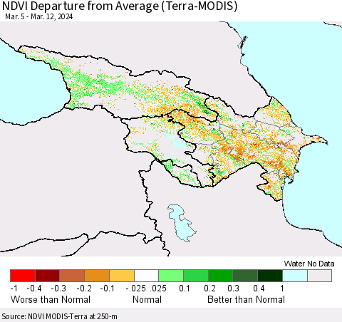 Azerbaijan, Armenia and Georgia NDVI Departure from Average (Terra-MODIS) Thematic Map For 3/5/2024 - 3/12/2024