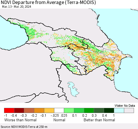 Azerbaijan, Armenia and Georgia NDVI Departure from Average (Terra-MODIS) Thematic Map For 3/13/2024 - 3/20/2024