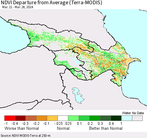 Azerbaijan, Armenia and Georgia NDVI Departure from Average (Terra-MODIS) Thematic Map For 3/21/2024 - 3/28/2024