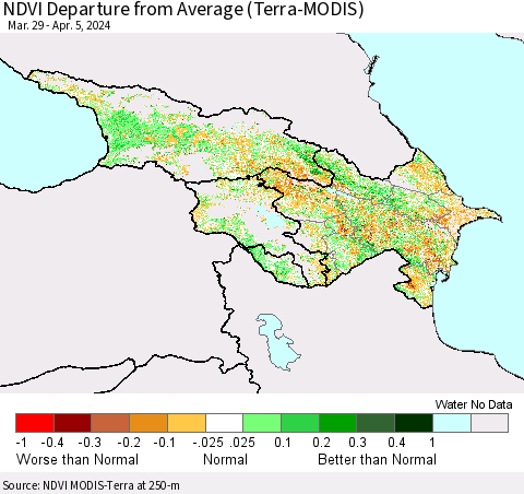Azerbaijan, Armenia and Georgia NDVI Departure from Average (Terra-MODIS) Thematic Map For 3/29/2024 - 4/5/2024