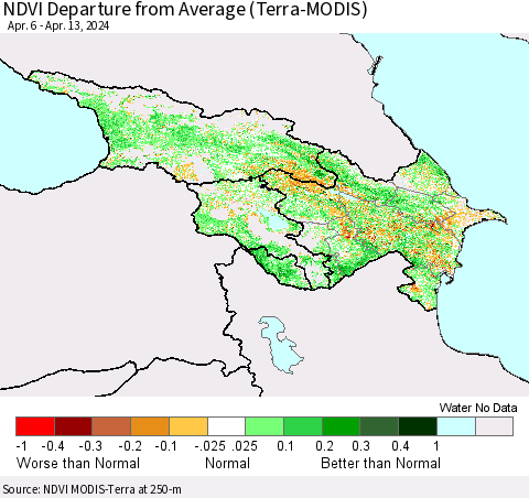 Azerbaijan, Armenia and Georgia NDVI Departure from Average (Terra-MODIS) Thematic Map For 4/6/2024 - 4/13/2024