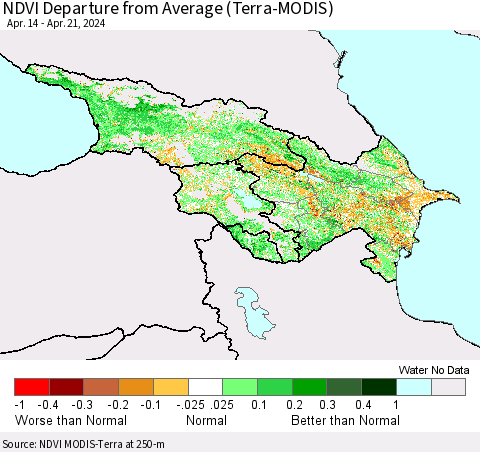 Azerbaijan, Armenia and Georgia NDVI Departure from Average (Terra-MODIS) Thematic Map For 4/14/2024 - 4/21/2024