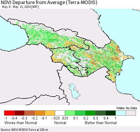Azerbaijan, Armenia and Georgia NDVI Departure from Average (Terra-MODIS) Thematic Map For 5/8/2024 - 5/15/2024