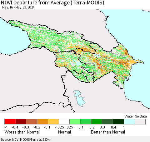 Azerbaijan, Armenia and Georgia NDVI Departure from Average (Terra-MODIS) Thematic Map For 5/16/2024 - 5/23/2024