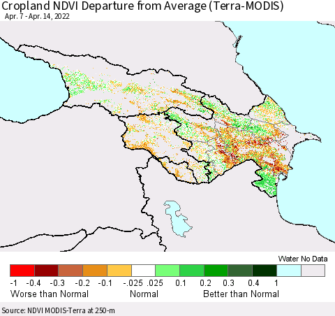 Azerbaijan, Armenia and Georgia Cropland NDVI Departure from Average (Terra-MODIS) Thematic Map For 4/7/2022 - 4/14/2022