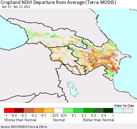 Azerbaijan, Armenia and Georgia Cropland NDVI Departure from Average (Terra-MODIS) Thematic Map For 4/15/2022 - 4/22/2022
