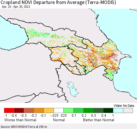 Azerbaijan, Armenia and Georgia Cropland NDVI Departure from Average (Terra-MODIS) Thematic Map For 4/23/2022 - 4/30/2022