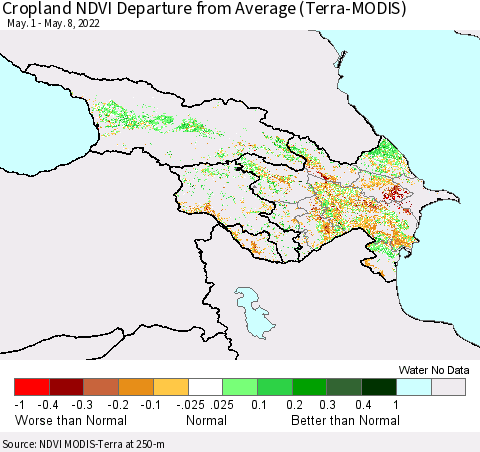 Azerbaijan, Armenia and Georgia Cropland NDVI Departure from Average (Terra-MODIS) Thematic Map For 5/1/2022 - 5/8/2022