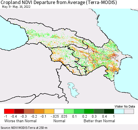 Azerbaijan, Armenia and Georgia Cropland NDVI Departure from Average (Terra-MODIS) Thematic Map For 5/9/2022 - 5/16/2022