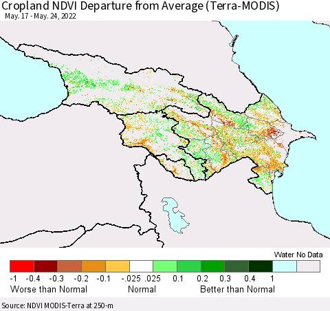 Azerbaijan, Armenia and Georgia Cropland NDVI Departure from Average (Terra-MODIS) Thematic Map For 5/17/2022 - 5/24/2022