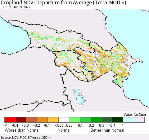 Azerbaijan, Armenia and Georgia Cropland NDVI Departure from Average (Terra-MODIS) Thematic Map For 6/2/2022 - 6/9/2022