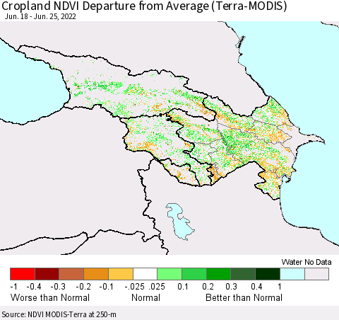 Azerbaijan, Armenia and Georgia Cropland NDVI Departure from Average (Terra-MODIS) Thematic Map For 6/18/2022 - 6/25/2022