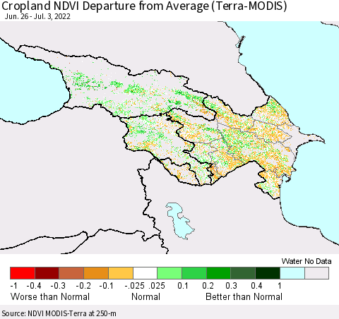 Azerbaijan, Armenia and Georgia Cropland NDVI Departure from Average (Terra-MODIS) Thematic Map For 6/26/2022 - 7/3/2022