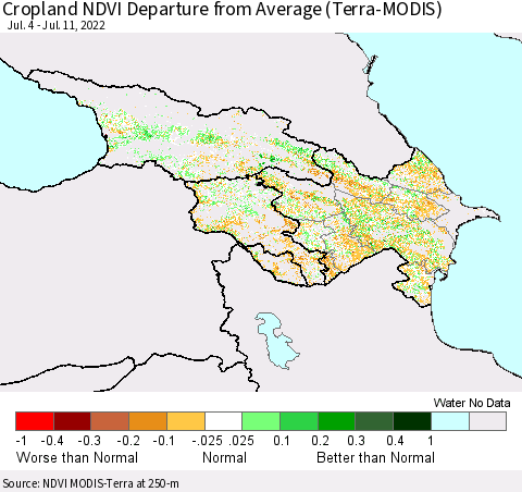 Azerbaijan, Armenia and Georgia Cropland NDVI Departure from Average (Terra-MODIS) Thematic Map For 7/4/2022 - 7/11/2022