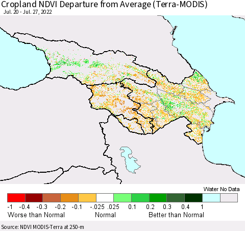 Azerbaijan, Armenia and Georgia Cropland NDVI Departure from Average (Terra-MODIS) Thematic Map For 7/20/2022 - 7/27/2022