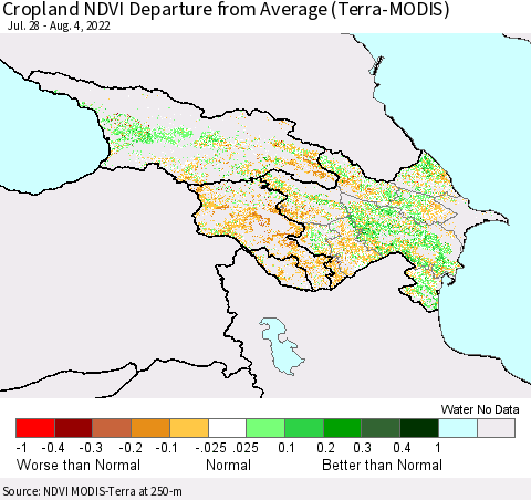 Azerbaijan, Armenia and Georgia Cropland NDVI Departure from Average (Terra-MODIS) Thematic Map For 7/28/2022 - 8/4/2022