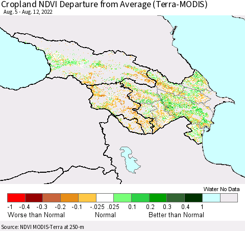 Azerbaijan, Armenia and Georgia Cropland NDVI Departure from Average (Terra-MODIS) Thematic Map For 8/5/2022 - 8/12/2022