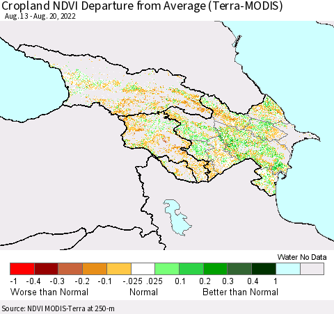 Azerbaijan, Armenia and Georgia Cropland NDVI Departure from Average (Terra-MODIS) Thematic Map For 8/13/2022 - 8/20/2022