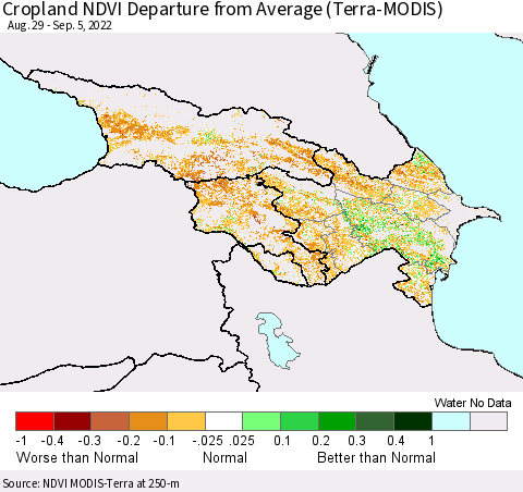 Azerbaijan, Armenia and Georgia Cropland NDVI Departure from Average (Terra-MODIS) Thematic Map For 8/29/2022 - 9/5/2022
