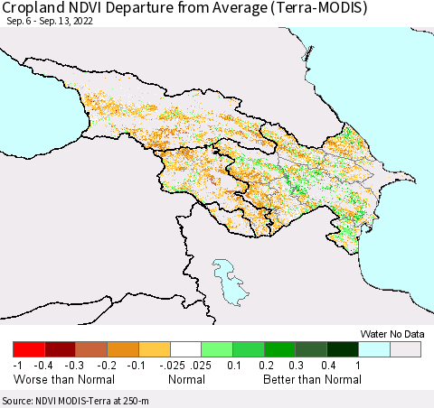 Azerbaijan, Armenia and Georgia Cropland NDVI Departure from Average (Terra-MODIS) Thematic Map For 9/6/2022 - 9/13/2022