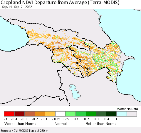 Azerbaijan, Armenia and Georgia Cropland NDVI Departure from Average (Terra-MODIS) Thematic Map For 9/14/2022 - 9/21/2022