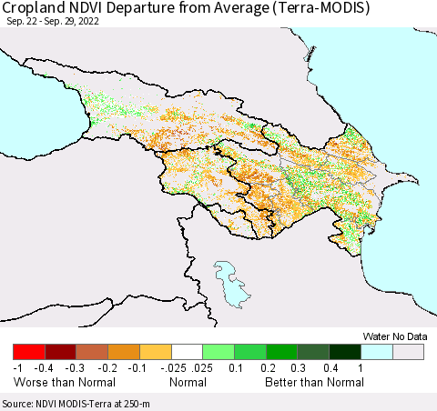 Azerbaijan, Armenia and Georgia Cropland NDVI Departure from Average (Terra-MODIS) Thematic Map For 9/22/2022 - 9/29/2022