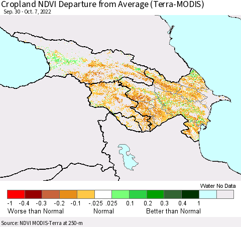 Azerbaijan, Armenia and Georgia Cropland NDVI Departure from Average (Terra-MODIS) Thematic Map For 9/30/2022 - 10/7/2022
