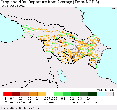 Azerbaijan, Armenia and Georgia Cropland NDVI Departure from Average (Terra-MODIS) Thematic Map For 10/8/2022 - 10/15/2022