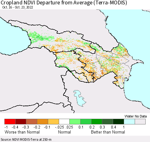 Azerbaijan, Armenia and Georgia Cropland NDVI Departure from Average (Terra-MODIS) Thematic Map For 10/16/2022 - 10/23/2022