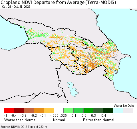 Azerbaijan, Armenia and Georgia Cropland NDVI Departure from Average (Terra-MODIS) Thematic Map For 10/24/2022 - 10/31/2022