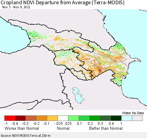 Azerbaijan, Armenia and Georgia Cropland NDVI Departure from Average (Terra-MODIS) Thematic Map For 11/1/2022 - 11/8/2022