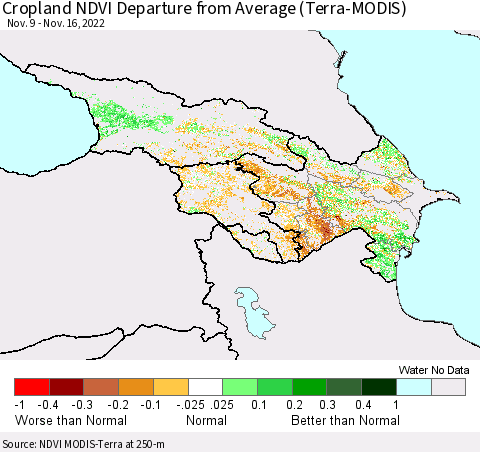 Azerbaijan, Armenia and Georgia Cropland NDVI Departure from Average (Terra-MODIS) Thematic Map For 11/9/2022 - 11/16/2022