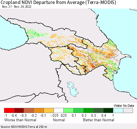 Azerbaijan, Armenia and Georgia Cropland NDVI Departure from Average (Terra-MODIS) Thematic Map For 11/17/2022 - 11/24/2022