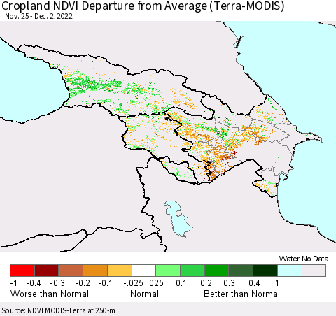 Azerbaijan, Armenia and Georgia Cropland NDVI Departure from Average (Terra-MODIS) Thematic Map For 11/25/2022 - 12/2/2022
