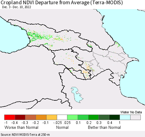 Azerbaijan, Armenia and Georgia Cropland NDVI Departure from Average (Terra-MODIS) Thematic Map For 12/3/2022 - 12/10/2022