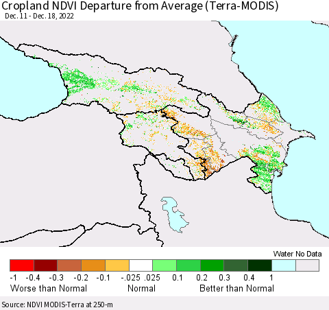Azerbaijan, Armenia and Georgia Cropland NDVI Departure from Average (Terra-MODIS) Thematic Map For 12/11/2022 - 12/18/2022