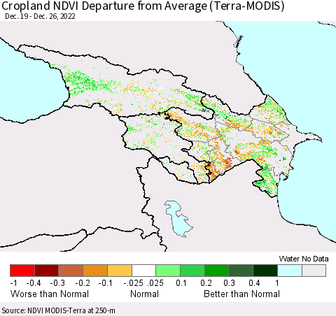 Azerbaijan, Armenia and Georgia Cropland NDVI Departure from Average (Terra-MODIS) Thematic Map For 12/19/2022 - 12/26/2022