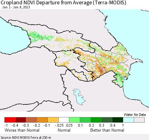 Azerbaijan, Armenia and Georgia Cropland NDVI Departure from Average (Terra-MODIS) Thematic Map For 1/1/2023 - 1/8/2023