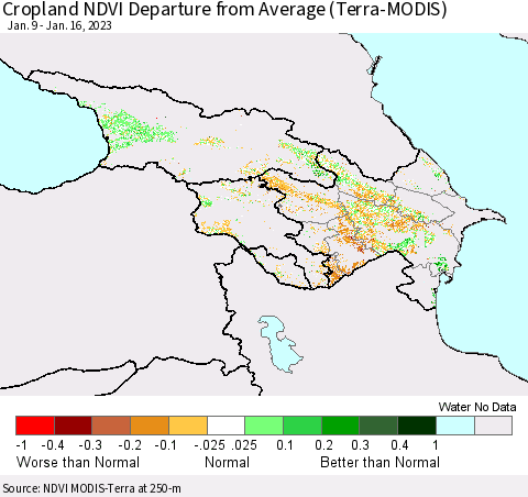 Azerbaijan, Armenia and Georgia Cropland NDVI Departure from Average (Terra-MODIS) Thematic Map For 1/9/2023 - 1/16/2023