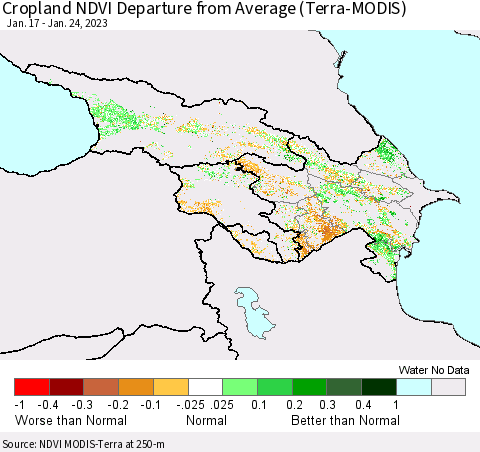 Azerbaijan, Armenia and Georgia Cropland NDVI Departure from Average (Terra-MODIS) Thematic Map For 1/17/2023 - 1/24/2023