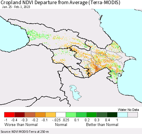 Azerbaijan, Armenia and Georgia Cropland NDVI Departure from Average (Terra-MODIS) Thematic Map For 1/25/2023 - 2/1/2023