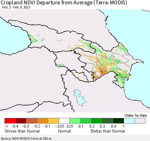 Azerbaijan, Armenia and Georgia Cropland NDVI Departure from Average (Terra-MODIS) Thematic Map For 2/2/2023 - 2/9/2023