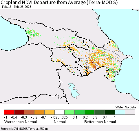 Azerbaijan, Armenia and Georgia Cropland NDVI Departure from Average (Terra-MODIS) Thematic Map For 2/18/2023 - 2/25/2023