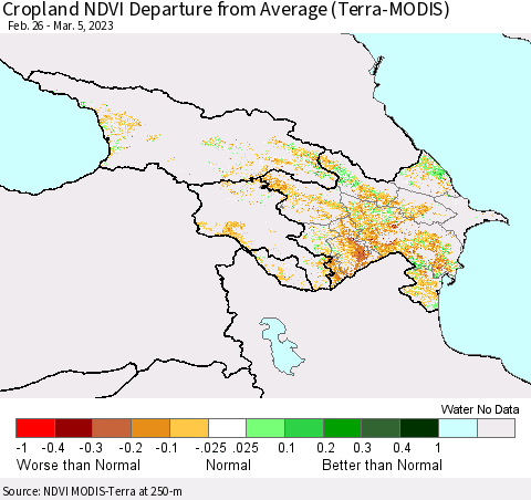 Azerbaijan, Armenia and Georgia Cropland NDVI Departure from Average (Terra-MODIS) Thematic Map For 2/26/2023 - 3/5/2023