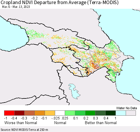 Azerbaijan, Armenia and Georgia Cropland NDVI Departure from Average (Terra-MODIS) Thematic Map For 3/6/2023 - 3/13/2023
