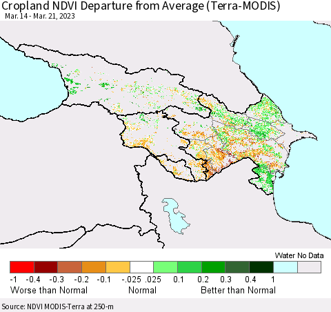 Azerbaijan, Armenia and Georgia Cropland NDVI Departure from Average (Terra-MODIS) Thematic Map For 3/14/2023 - 3/21/2023